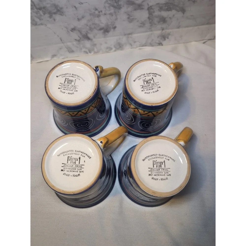 Vintage Y2K Pier 1 Italian Swirl Handpainted Mugs ~ Set of 4 ~ 16oz Earthenware